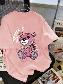 Teen Girl Loose Plus Size Bear Print Graphic Tees For Girl Short Sleeve T Shirts,Teen Girl's Summer Tops Crewneck Shirt Blouse