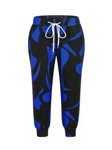 Plus Size Women's Geometric Print Casual Drawstring Waist Long Pants