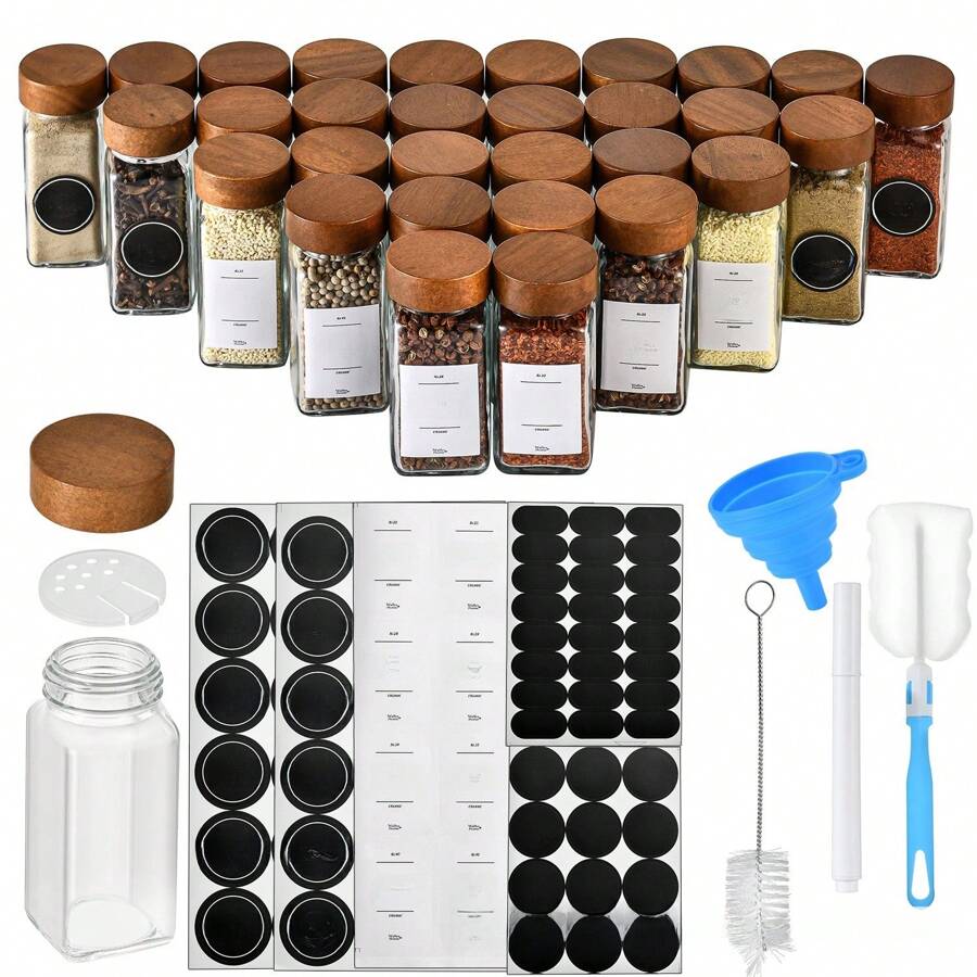 24 piezas de frascos cuadrados de madera de acacia de 40 oz para pimienta y especias, set de recipientes de vidrio para condimentos