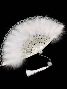 1pc Women Retro Feather Lace Folding Fan, Classical Dance Cheongsam Prop, Stage Performance Hand Held Fan For Costume Party