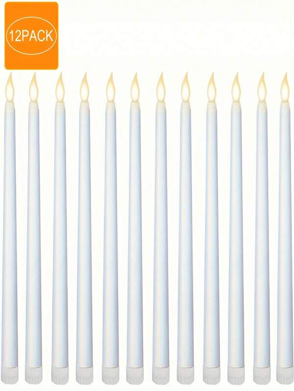 12 Pieces White Electronic Flameless Halloween Christmas Candle Lights, LED Long Pole Candle Lights, Home Decorative Lights, Valentine's Day Table Candle Lights, Party Decorative Lights, Tea Lights Birthday Wedding Decorative Lighting, No Batteries Included