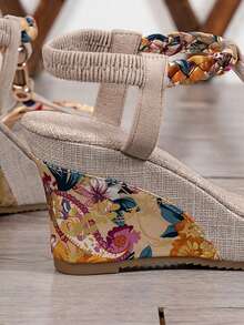 Women's Versatile Beaded Non-Slip High Heel Sandals, Outdoor Comfortable Wedge Thick Sole Roman Sandals, Bohemian Style Open Toe Summer Rope Bottom Sandals, Women's Resort Casual Slip-On Beach Sandals - Beige - View 7