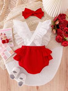 Conjunto de 2 piezas para bebé niña: body con bloqueo de color, bordado de cereza y volantes, con diadema - Blanco - Ver 3