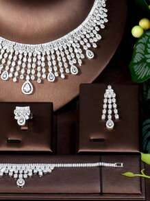 1 Set Luxurious Cubic Zirconia Tassel Jewelry Set, Suitable For Women Wedding Accessories