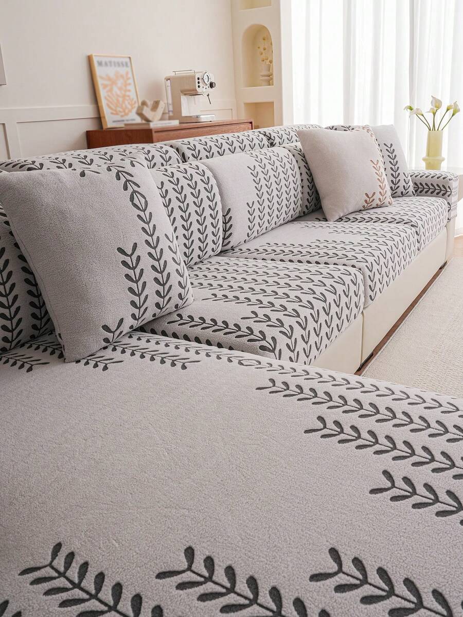 1pc Plush Stretch Sofa Slipcover, 1-2-3-4 Seat, Pet Proof, Minimalist Style, L-Shaped Sofa Cushion & Backrest Cover, All Season - Grey - View 1