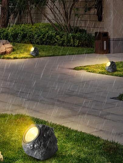 1个太阳能树脂石灯，户外LED暖白光，暖色聚光景观灯，IP44防水，太阳能供电，表面抛光，适用于公园、别墅、草坪、婚礼、派对、生日装饰