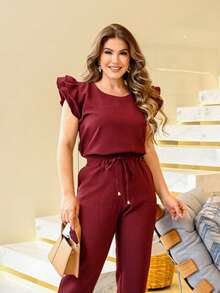 Women 2 Piece Set Casual Elegant Pleated Blouse Cotton Linen Pants With Ruffles On Scrub Sleeve Colors Fashion Spring Summer 2025 Women Clothing - 勃根地紅/荷葉邊 - 查看 3
