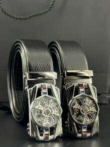 Herren Gürtel mit automatischer Schnalle und Litchi geprägtem Fächerdekoration für Partys