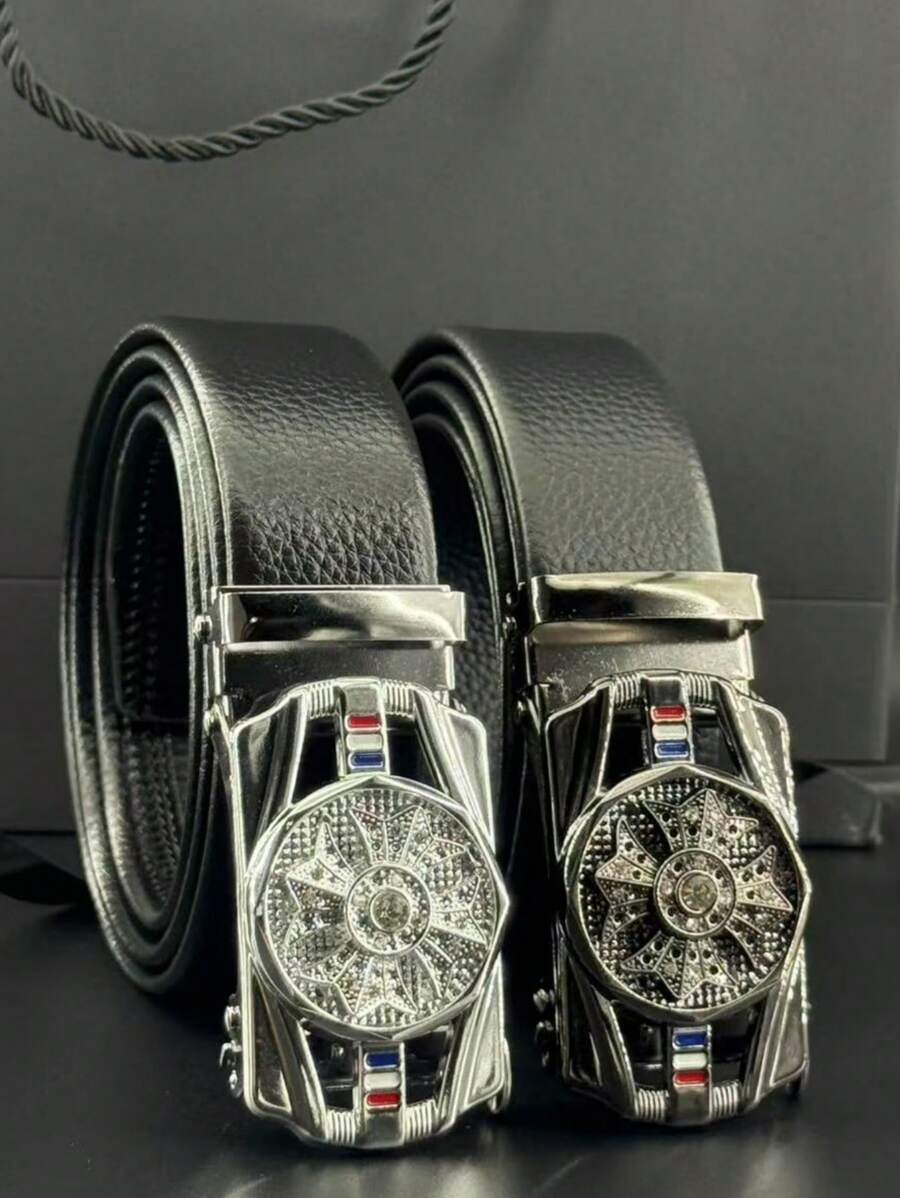 Herren Gürtel mit automatischer Schnalle und Litchi geprägtem Fächerdekoration für Partys