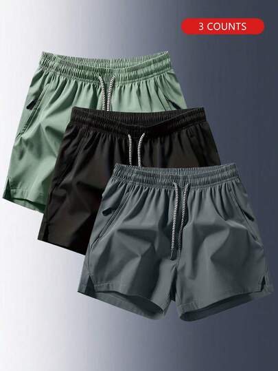 3pcs Older Boys' Summer Casual Solid Color Drawstring Waist Breathable Sports Shorts