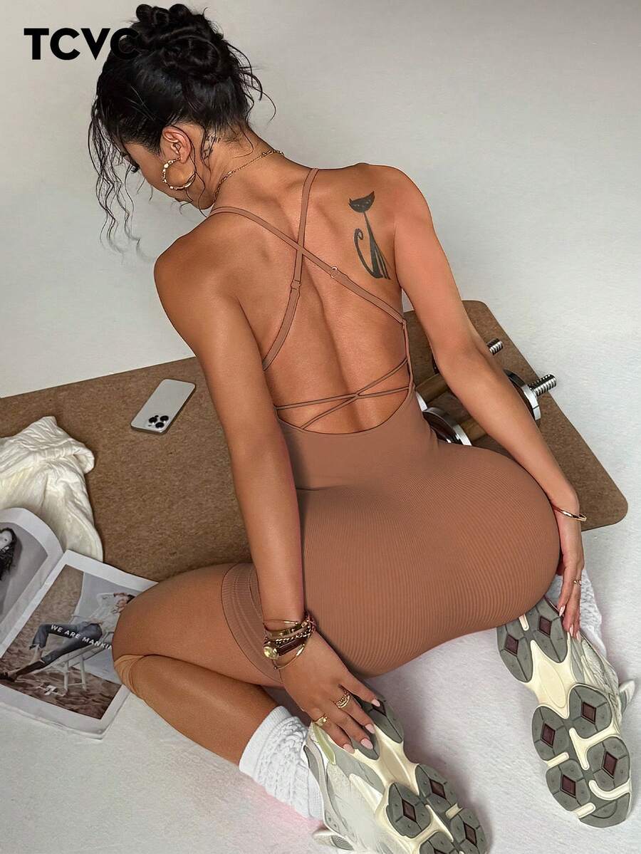 TCVC 女式纯色露背运动连体裤，透气舒适无袖工字背连体裤，适合瑜伽、健身房、锻炼、四季塑身衣 - 卡其色 - 查看 1