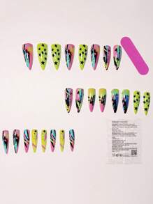Unhas postiças de comprimento médio com estampa de grafite multicolorido e estilo punk, removíveis e usáveis, coloridas e frescas, 24 adesivos para nail art, convenientes para sair e tirar férias