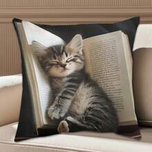 1 pièce Taie d'oreiller décorative en peluche 45 x 45 cm - Motif chat mignon dormant sur des livres, fermeture zippée, polyester doux, décoration d'intérieur idéale pour tous les styles de pièce, excellent cadeau (insert non inclus)