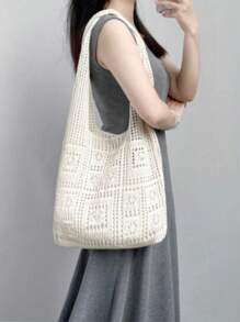 1pc Stylish Large Capacity Fashion Woven Tote Bag - Hollow Shoulder Bag - Ultra-Lightweight, Breathable, Spacious, Suitable For Casual Summer Travel And Beach Adventure