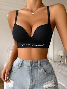 1pc Women's Minimalist Solid Color Comfortable Simple Bra, Seamless Deep V High Elasticity Knit Fabric Women's Underwear, Wireless Casual Bra - Black - View 5