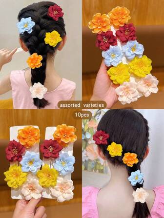 10pcs Random Color Floral Hair Clips, Cute Aesthetic Hair Accessories For Daily Use