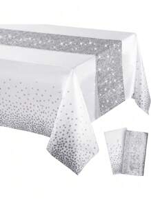 2pcs/Pack Tablecloth And Sequin Table Runner Set Polka Dots Confetti Table Cover Dining Plastic Table Cloths Glitter Decorations For Birthday Wedding Anniversary Party Supplies