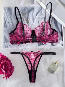 Sexy Heart Patchwork Sheer Mesh Lingerie Set, European And American Style Temptation Intimate Apparel - Black - View 2