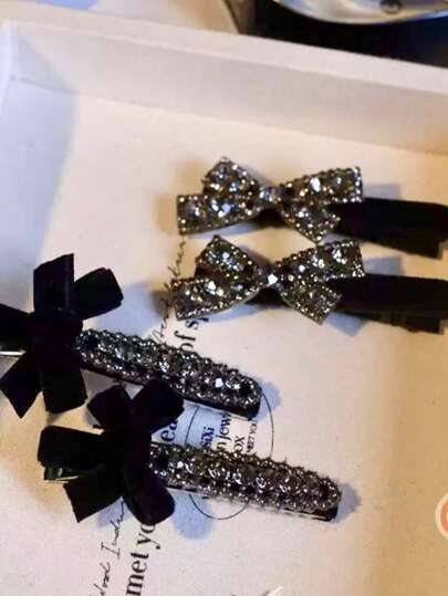 4pcs Luxury Retro Velvet Bow Hair Clips, Rhinestone Hair Clip With High-End Gray Tone, Bangs Clips, Barrettes (No Card Box) Claw Clips, School Stuff, Elegant, College, Winter Outfit For Women, Bows, Cute, Looks Of Party