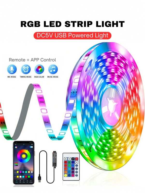 1pc 1m-15m/3.3ft-50ft USB 5V LED Light Strip, 24-Key Remote Control And App Wireless Control, RGB Full Color Display, Adjustable Color And Brightness,The Length Can Be Cut In Free, Easy To Install, Color Changing Sync With Music, Suitable For TV Backlight,Monitor Background Lighting, Home Decoration, Bedroom Atmosphere Light, Fun Light, Holiday Party Atmosphere Lights