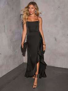 Women's Elegant Charming Spaghetti Strap Ruffle Hem Slit Cocktail Party Dress - Black - View 4