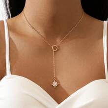 Elegant Minimalist Design 8-Pointed Star Pendant Short Heart Circle Chain Necklace - Emas - View 1