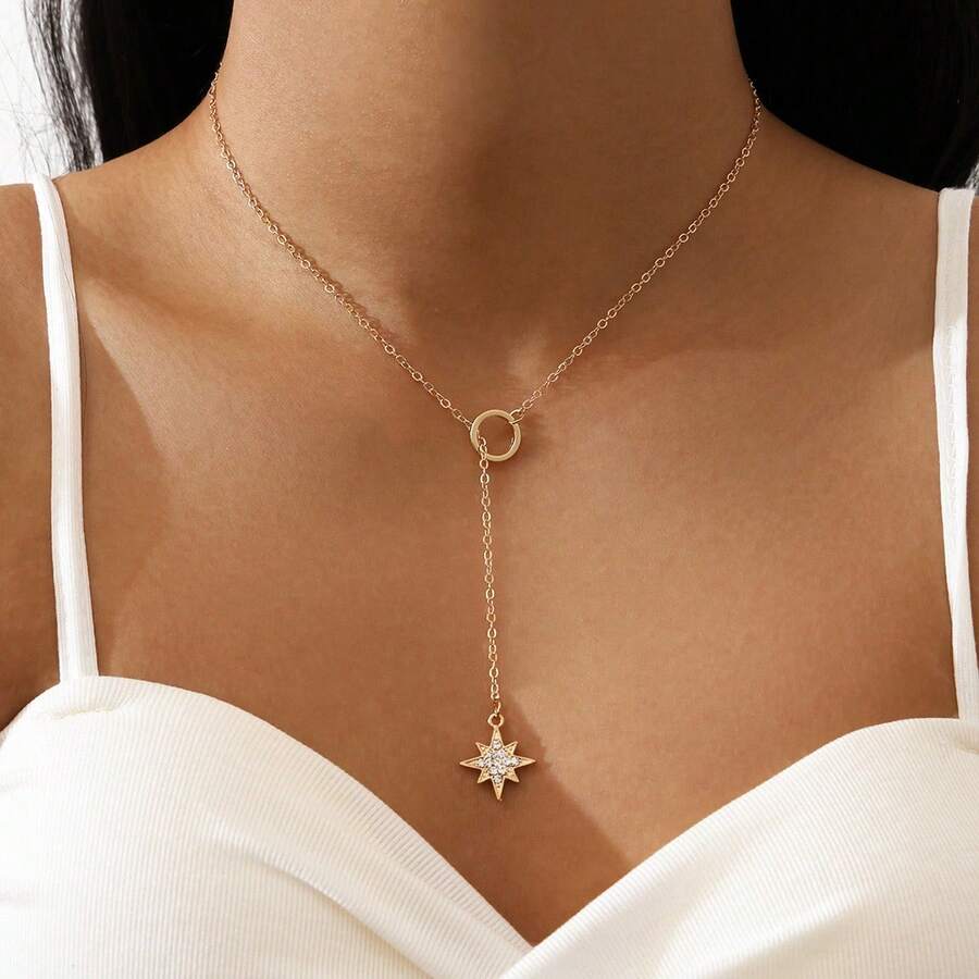 Elegant Minimalist Design 8-Pointed Star Pendant Short Heart Circle Chain Necklace - Emas - View 1