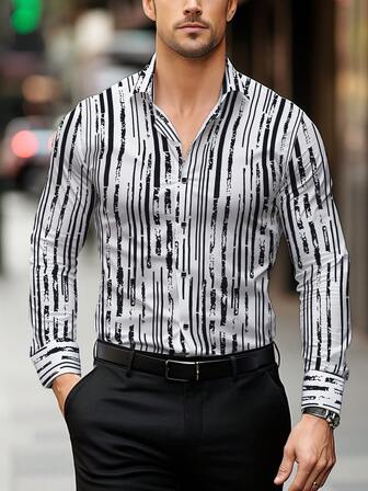 1pc Men's Polyester Striped Zebra Print Long Sleeve Casual Shirt, Suitable For Four Seasons