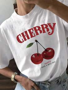 Camiseta con estampado de cerezas y letras, cuello redondo, manga corta, informal, adecuada para mujeres en primavera