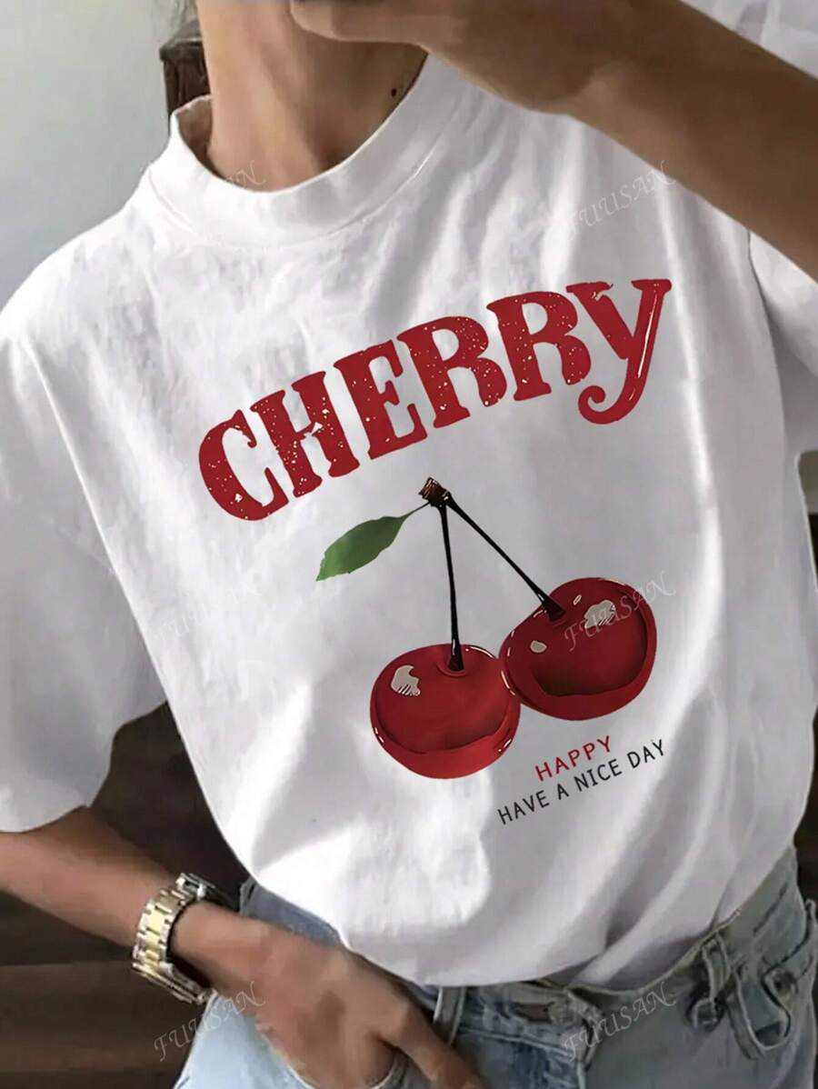 Camiseta con estampado de cerezas y letras, cuello redondo, manga corta, informal, adecuada para mujeres en primavera