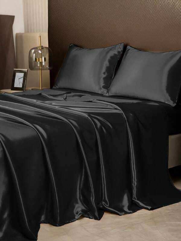 3/4pcs Satin Bed Sheets Set, Bedding Set, Fitted Sheet Set, Soft And Comfortable Bedding For Bedroom, Solid Color Mattress Cover Set, Mattress Protector, For Queen King Twin Full Size Without Filler, 9 Inches Deep Pocket Cooling Breathable Soft And Silky Bedding Sheet Set, Mattress Sheet Set, Anti-Wrinkle, Comfortable, Machine Washable