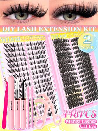 448 件大容量独立睫毛簇，猫眼、自然妆容、漫画睫毛、狐狸眼 10-18 毫米左+右可配对单簇，超柔软、超轻、动漫睫毛 DIY 睫毛延长套装，带化妆工具粘合和密封、睫毛镊子和 2 个睫毛刷，适合初学者在家使用、日常生活、旅行、音乐节和母亲节睫毛簇套装、睫毛、睫毛、假睫毛