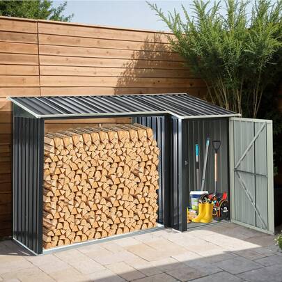 LYHO 薪ラック 屋根付き 物置付き 薪小屋 大型 大容量収納 スチール製 防雨 薪棚 薪ストッカー 薪置き棚 整理 乾燥保管 薪保管庫 薪収納 アウトドア 暖炉 焚火 室外 庭 ガーデン 家庭用 幅270×奥行き92×高さ158cm