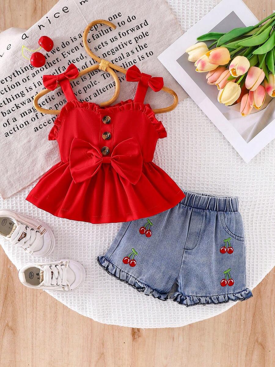 Baby Girl 2pcs Set: Bow-Decor Sleeveless Ruffle Trim Top & Cherry Embroidered Ruffle Trim Denim Shorts - Red - View 1