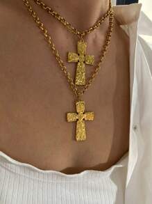 Monlansher Nuova collana da donna con pendente a croce, design in metallo in rilievo esagerato, realizzata in acciaio inossidabile, alla moda, versatile e adatta all'uso quotidiano, colore oro
