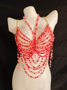 Unisex Body Chain, Couple's Intimate Accessories, Bra Decor, Sexy For Nightclub, Music Festival, Rhombus & Floral Print, Glitter, Romantic French, Pastoral Mature Charm, Luxurious Classic Sexy Acrylic Beaded Tassel Rhinestone Fringe