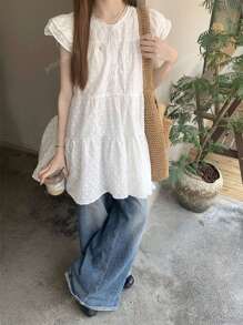 Petite White Embroidered Dress Casual Cute Mini Dress Overlay A-Line Cakes Skirt For Summer
