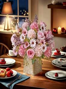 1pc/2pcs/3pcs Artificial Rose & Daffodil Flower Bouquet - Rustic Style Fake Flowers With Pink Roses, White Sunflowers And Green Leaves, Suitable For Wedding, Engagement, Birthday, Valentine's Day, Mother's Day Decoration, Spring Home Tabletop Centerpiece In Glass Vase, Event Floral Arrangement, Perfect For Christmas, Thanksgiving