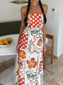 Women Plus Size Summer Dress, New Fashion French Style, Strapless, Floral, Wavy, Contrast Color, Plaid, Graffiti Decor, Beach Style, Back To School, Fruit, Lemon, Flower, American Style Dress, Tropical Resort, Waist Cinched, Allover Print, Teacher Outfit, Vacation, 70s Style, Commuting, Minimalist, Office Wear, Vintage, Simple, French, Casual, Retro, Sleeveless, Suitable For Outdoor