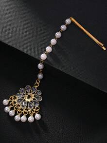 1pc Floral Headchain Pearl Forehead Chain Boho Style Rhinestone Maang Tikka Bridal Headpiece Hair Chain Head Jewelry Head Pieces Jewelry Hair Jewelry Hair Vine Chain - Gold - View 7
