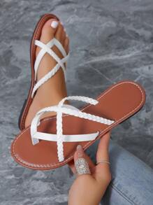 Nuevas sandalias tipo chanclas planas tejidas, sandalias casuales y versátiles para la playa, ligeras y cómodas en marrón, blanco, plateado y negro
