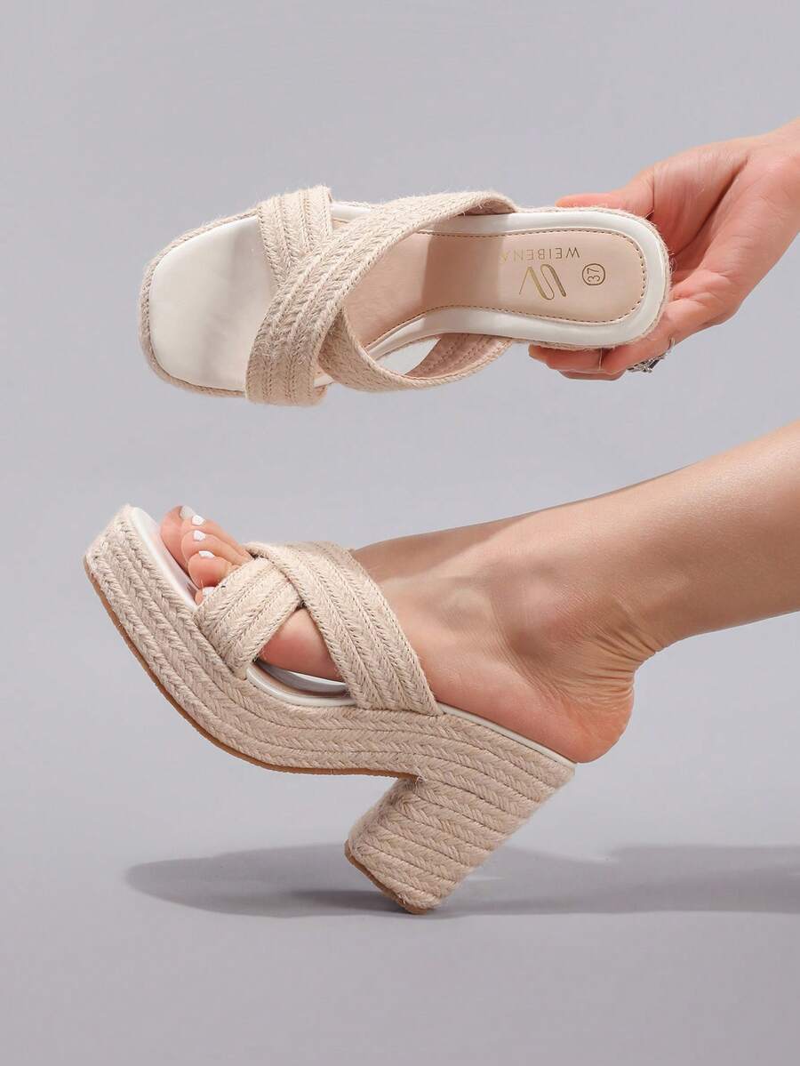 女士绳索坡跟厚底凉鞋，交叉带露趾，夏季度假休闲时尚防水一脚蹬