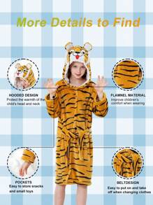 MICHLEY MICHLEY 1pc Kids Hooded Bathrobe With Belt Pockets Cartoon Animal Tiger Style Soft And Comfortable Nightgown Unisex Suitable For Living Room, Swimming Pool, Bathroom Kids Gift