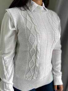 Women's Knitted Vest Braid Max Vest Overlay Knit Fashion Blogger - Blanco - Ver 1