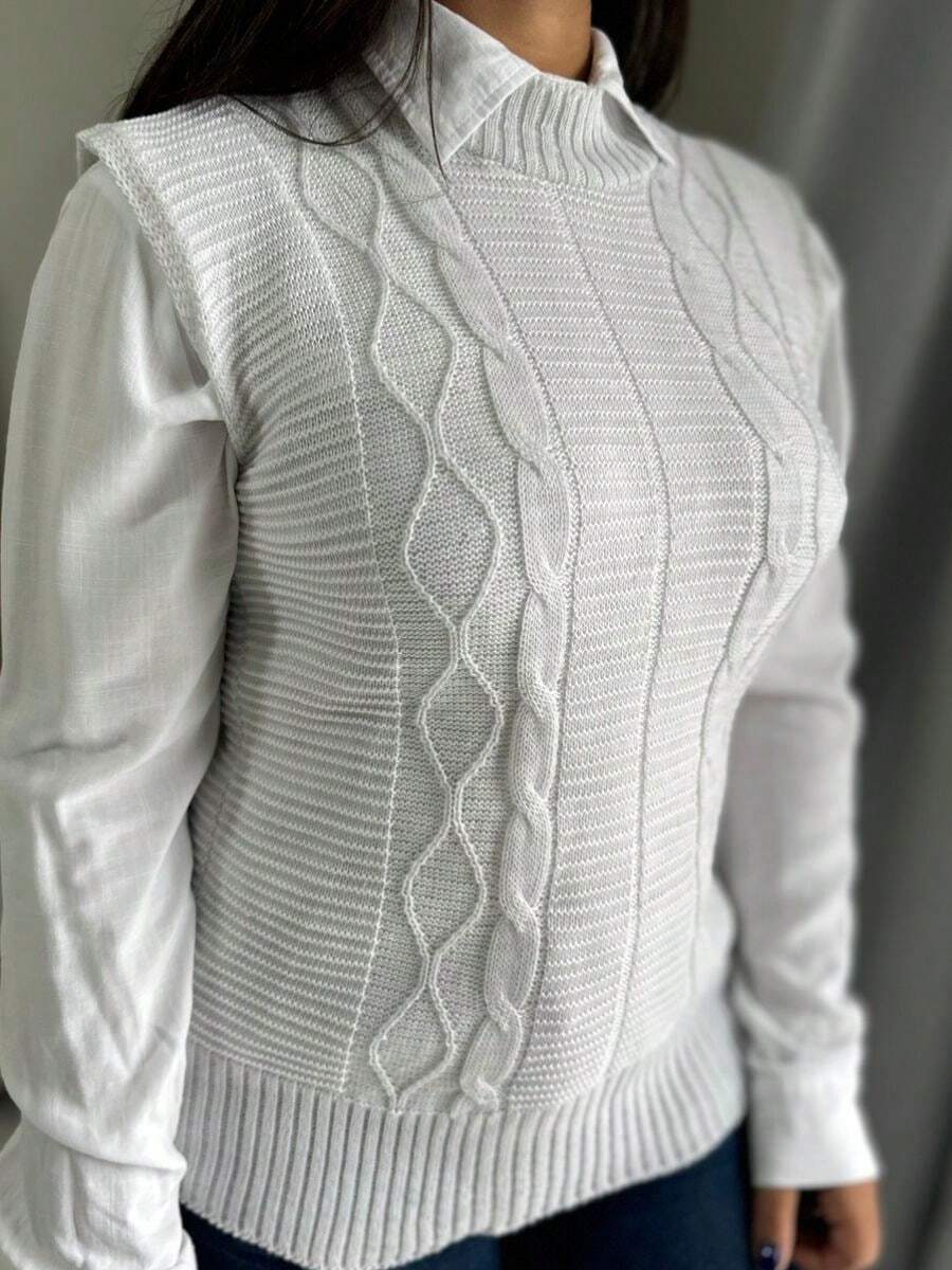 Women's Knitted Vest Braid Max Vest Overlay Knit Fashion Blogger - Blanco - Ver 1