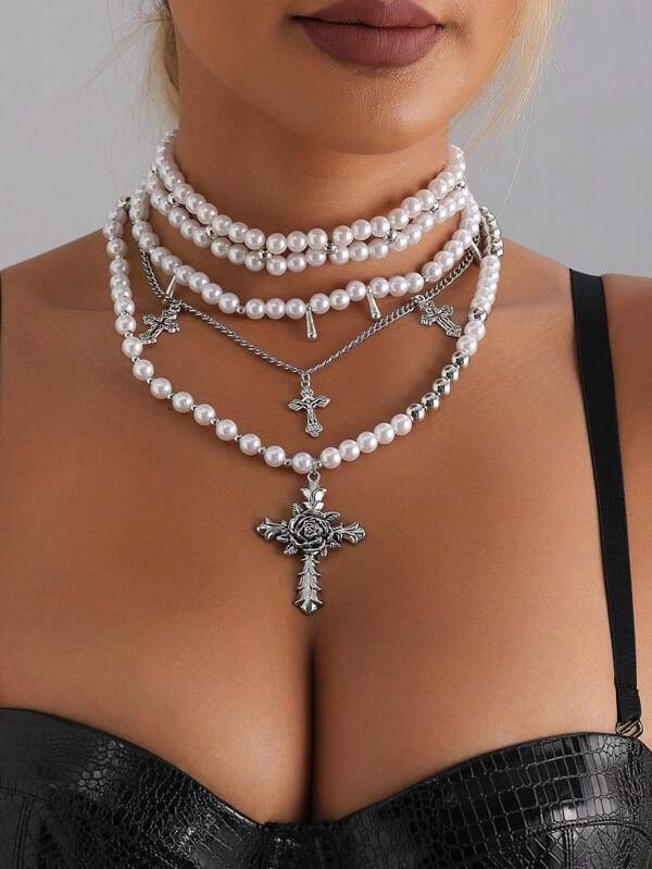 Vintage Baroque Style Choker Necklace, Layered Cross & Pearl Decor Fashion Necklace