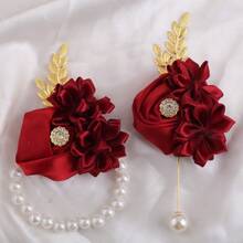 1 bông hoa đeo cổ tay + 1 bông hoa dâm bụt/hoa Hawaii unisex, lá vàng kép, pha lê đỏ tía, hoa cài áo chú rể, hoa đeo cổ tay cô dâu, hoa cài áo nhân tạo, mùa hè, bãi biển - Đỏ - Xem 7