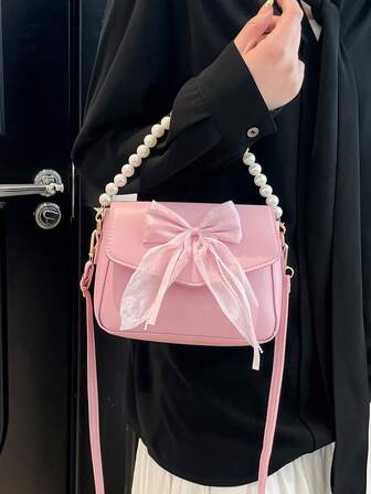 珍珠迷你蝴蝶结手提包，纯色可调节肩带斜挎包（缝线颜色随机）