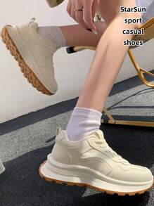 Damen Schnürstiefel mit rundem Zehenbereich, dicker Sohle, mehrzweck Modische Lässig Sportschuhe, Gummisohle, wasserdicht, rutschfest, abriebfest, leicht, Sneaker vielseitig für den täglichen Gebrauch, Frühling/Herbst, Milchweiß