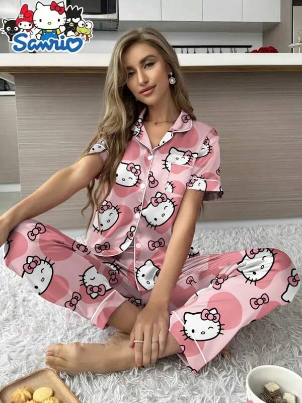 Sanrio Sanrio Hello Kitty Silk Pajama Set, 97% Polyester 3% Elastane, Short Sleeve Button Front Lapel Bow Cartoon Cute Front Button Pocket Contrast Trim